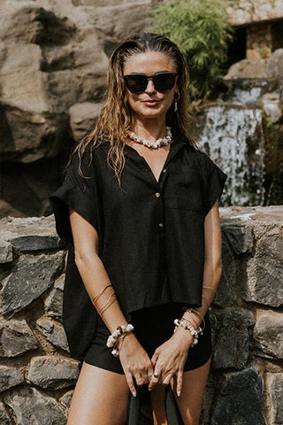 Model wearing Classic Black Boxy Button-up