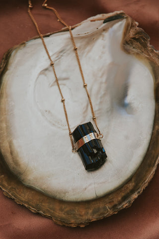 Banded Crystal Charm Necklace - Black Tourmaline