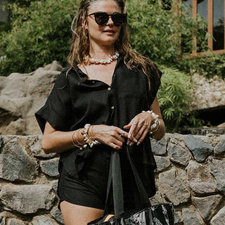 Wings Hawaii model wearing Classic Black Boxy Button-up