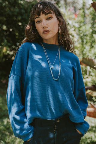waffle knit cobalt blue oversized boxy Longsleeve Womens top