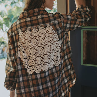 Boyfriend flannel in Brown plaid with crochet patch on the back