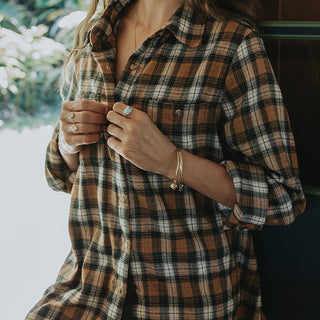 Boyfriend flannel in Brown plaid with crochet patch on the back