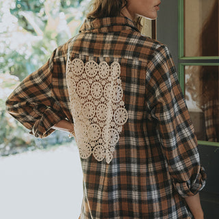 Boyfriend flannel in Brown plaid with crochet patch on the back