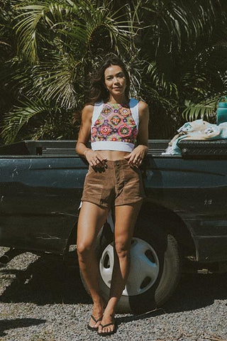 Pinafore Crop Top - Flower Barkcloth