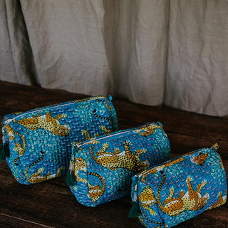 Kantha Toiletry Pouches - Teal Leopard