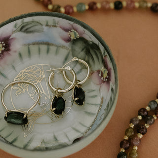 Prong Set Green Tourmaline on clapping hoop earrings 14K