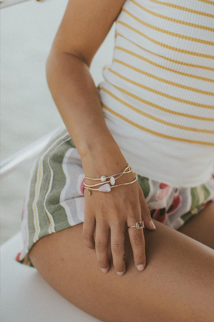 ti leaf bangle with pink fresh water pearls on gold filled hammered wire women's beachy boho mermaid style jewelry hand made haiku maui wings hawaii