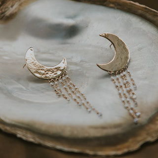 14K Yellow Gold Carved moon studs with diamonds and baroque pearls hanging from them