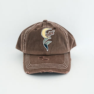 distressed baseball cap with dreaming mermaid on the moon patch