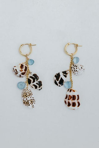Charm Hoop Shell Pile Earrings | Cone Shell Chip Mix + Aquamarine