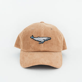 Tan corduroy baseball cap with humpback whale patch