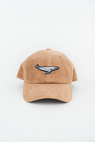 Tan corduroy baseball cap with humpback whale patch