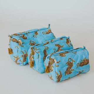 Kantha Toiletry Pouches - Sky Blue Tiger