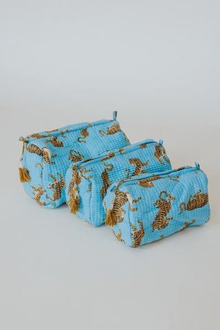 Kantha Toiletry Pouches - Sky Blue Tiger