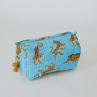 Kantha Toiletry Pouches - Sky Blue Tiger