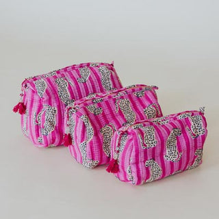 Kantha Toiletry Pouches - Pink Stripe Cheetah