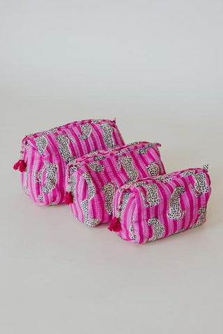 Kantha Toiletry Pouches - Pink Stripe Cheetah
