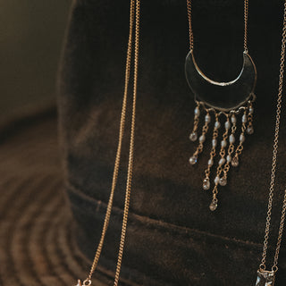 Prong set circular cut moonstone dangling on a 30" Gold Filled chain