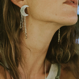 Sterling Silver Crescent Moon shaped earring with dangling pearls and zircon Beads.