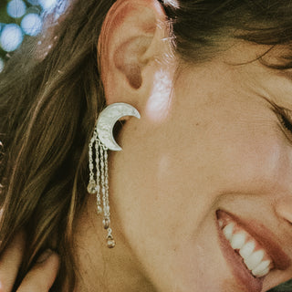 Sterling Silver Crescent Moon shaped earring with dangling pearls and zircon Beads.