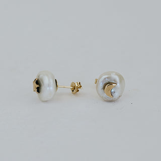 Moon + Star Inlay Studs - Pearl 14K