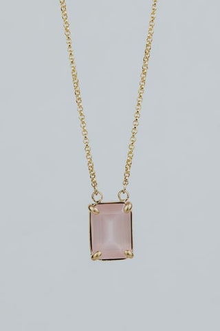 Emerald Cut Gemstone Necklace - Rose Quartz