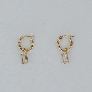 14K Yellow gold clasping hoop earrings with square cut prong set sunstone