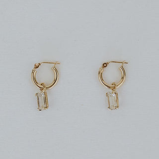 14K Yellow gold clasping hoop earrings with square cut prong set sunstone