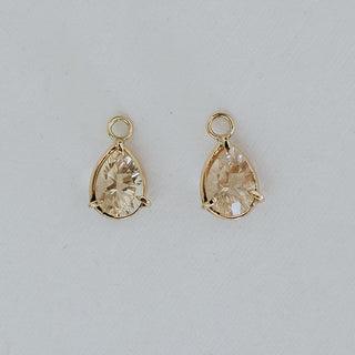 tear drop sunstone prong set and attached to clasping hoop earrings 14K