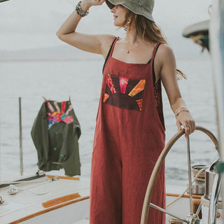 Linen Rust Overalls with Sun Patch