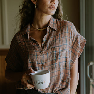 Mauve oversized plaid blouse with capped sleeve