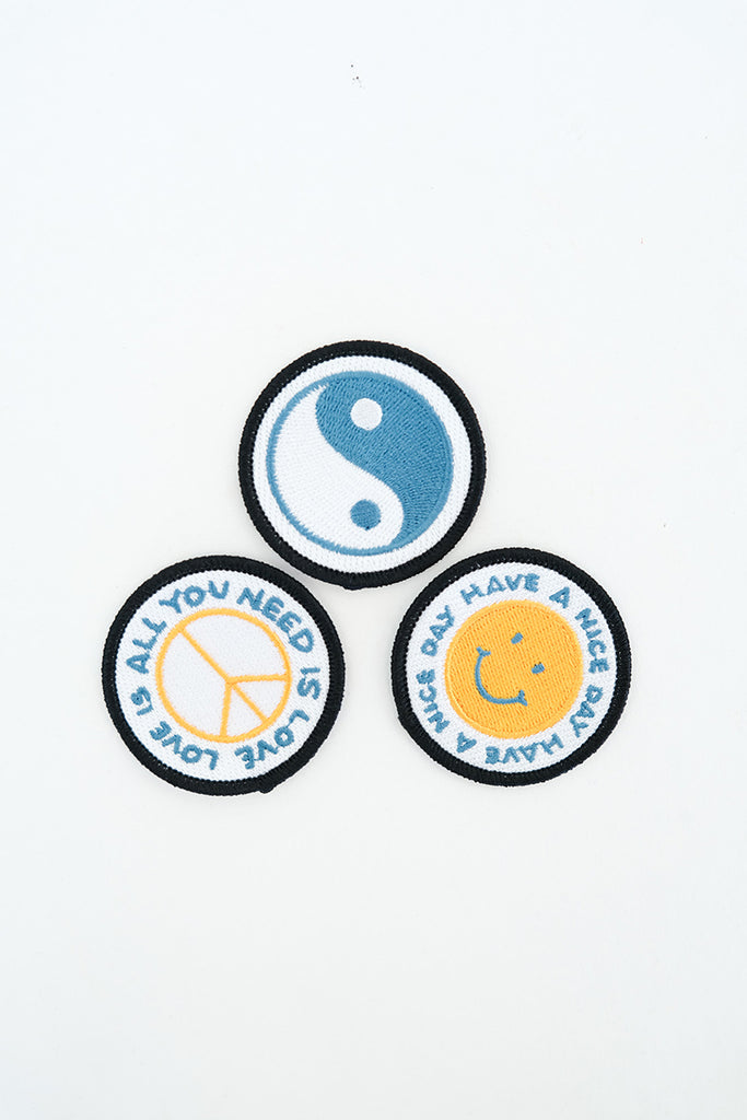 set of three embroidered patches, yin yang, all you need is love, have a nice day
