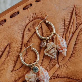 wings hawaii charm hoops with triton and miter shells in 14k yellow gold fill 