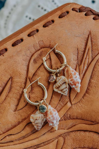 wings hawaii charm hoops with triton and miter shells in 14k yellow gold fill 