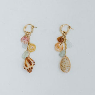 Small Clasp Hoop Shell Pile Earrings | Shell Mix + Aquamarine