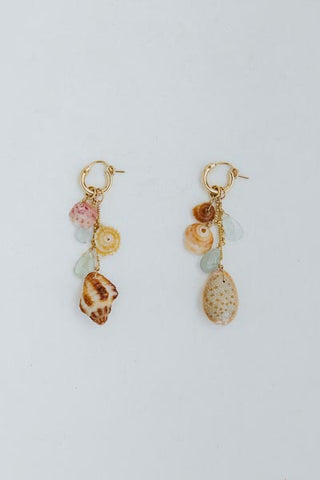 Small Clasp Hoop Shell Pile Earrings | Shell Mix + Aquamarine