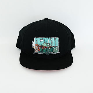 black flat bill hat with mermaids smoke seaweed patch