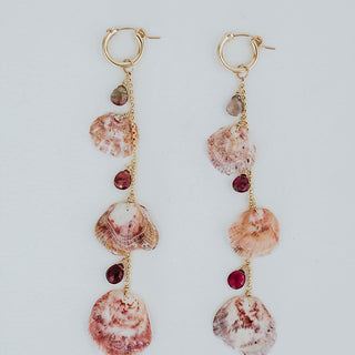 Small Clasp Hoop Shell Pile Earrings | Spiny Scallop + Tourmaline E
