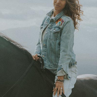wings hawaii sun and moon collage upcycled denim jacket