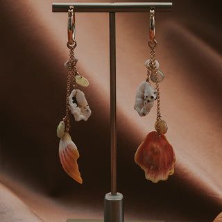 Clasping Hoop earrings with Hawaiian seashells and opal beads dangling