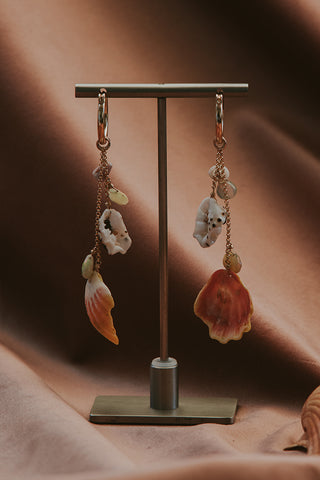 Clasping Hoop earrings with Hawaiian seashells and opal beads dangling