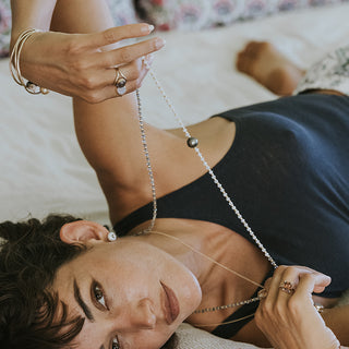 30" Beaded necklace with labradorite, moonstone beads and a large Tahitian pearl