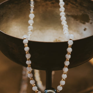 30" Beaded necklace with labradorite, moonstone beads and a large Tahitian pearl