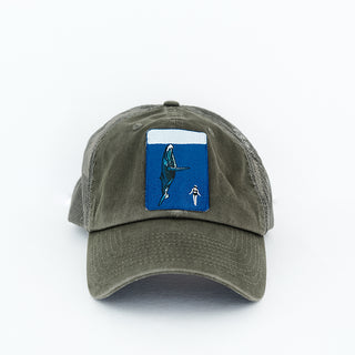 trucker cap with what and diver embroidered patch