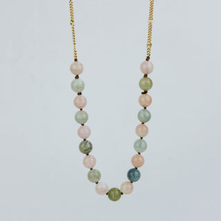 Aquamarine Round Beaded Necklace - Pink + Teal