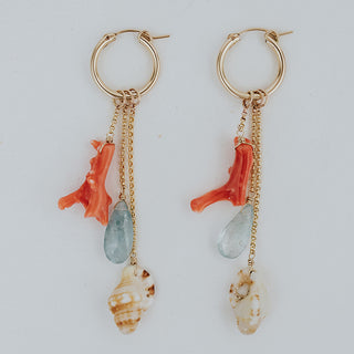 Large Clasp Hoop Shell Pile Earrings | Shell Mix + Aquamarine