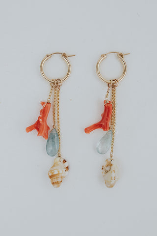 Large Clasp Hoop Shell Pile Earrings | Shell Mix + Aquamarine