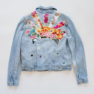 wings hawaii sun and moon collage upcycled denim jacket