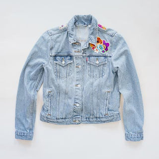 wings hawaii sun and moon collage upcycled denim jacket