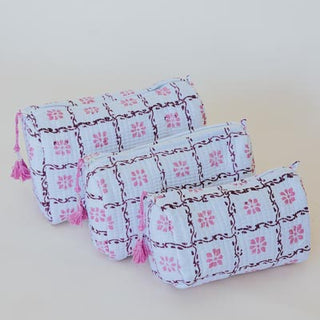 Kantha Toiletry Pouches - Pink Pua Grid